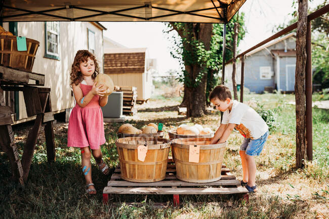Cute children selling mellons — Stock Photo