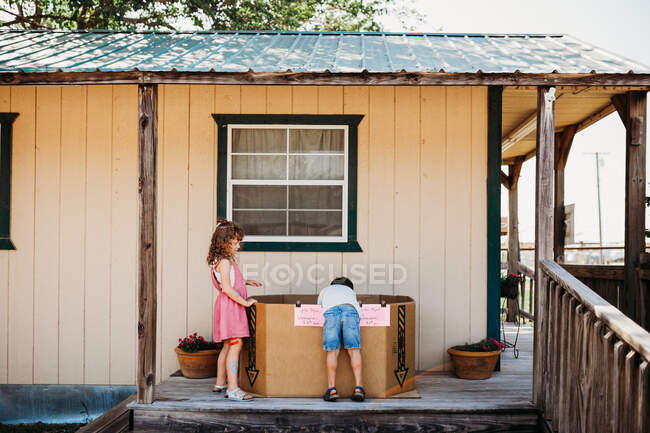 Menino bonito e menina com caixa por cabana — Fotografia de Stock