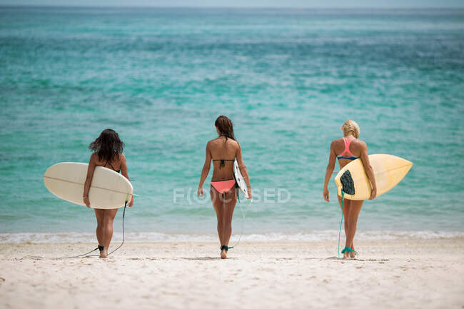 Chicas con tablas de surf frente al océano - foto de stock