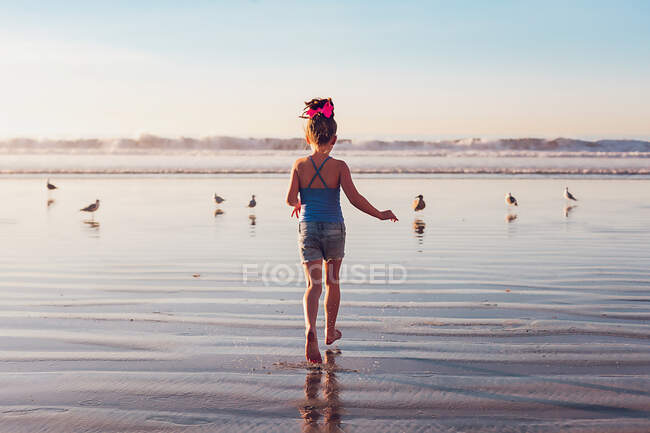 Ragazza in età scolare che corre verso l'acqua e gli uccelli in spiaggia. — Foto stock