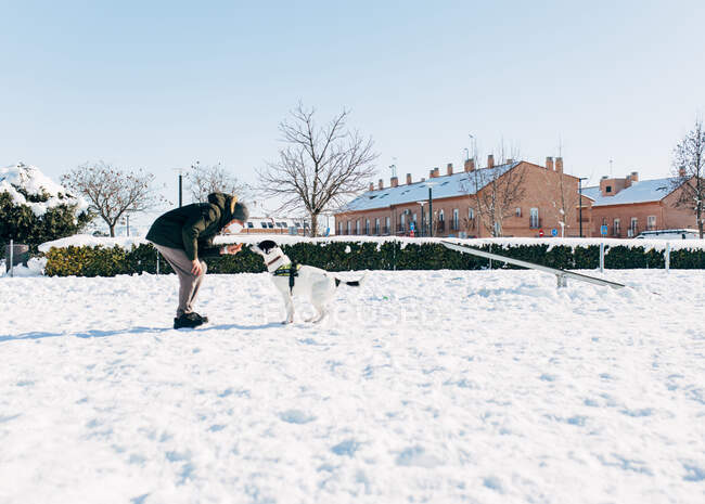 Man training his dog in the snow — Stock Photo