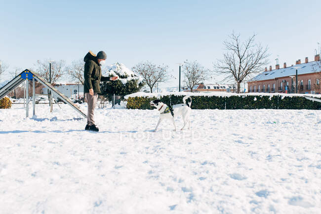 Mann trainiert seinen Hund im Schnee und spielt mit Ball — Stockfoto