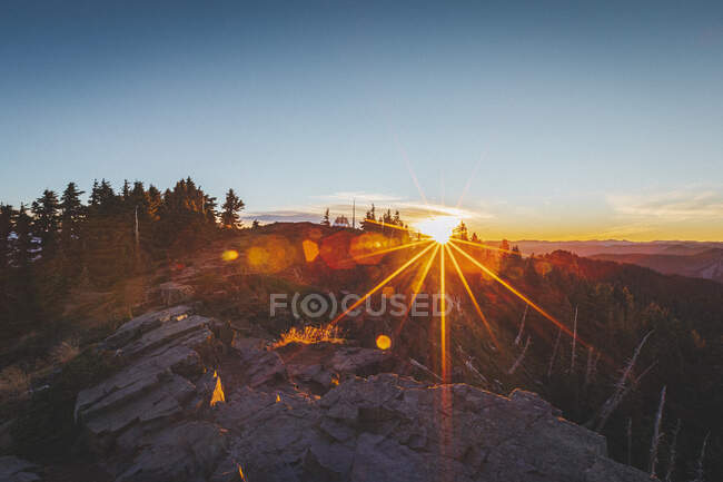 The sun is rising up above mt. Rainier National Park — Stock Photo