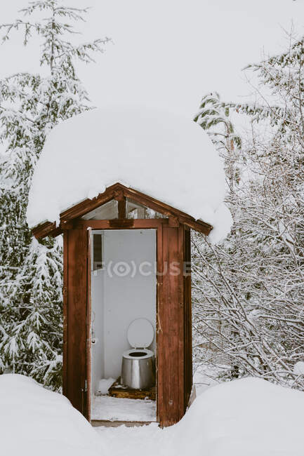 An outhouse with toilet seat up covered in deep snow in the woods — Stock Photo