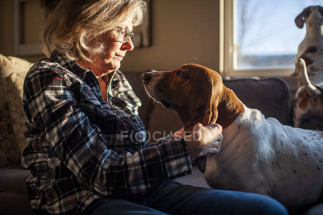 Happy Senior Citizen plays with dogs ears sitting on couch at home — Stock Photo