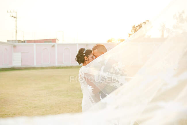 Frisch verheiratete Paare betrachten einander, während der Schleier der Braut vorübergeht — Stockfoto
