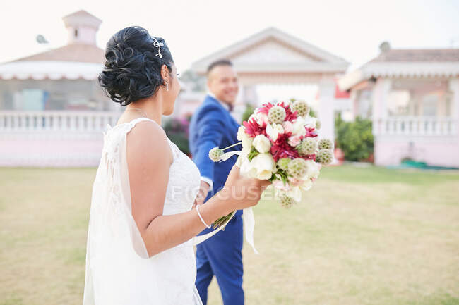 Vista da parte de trás de um casal recém-casado de mãos dadas — Fotografia de Stock