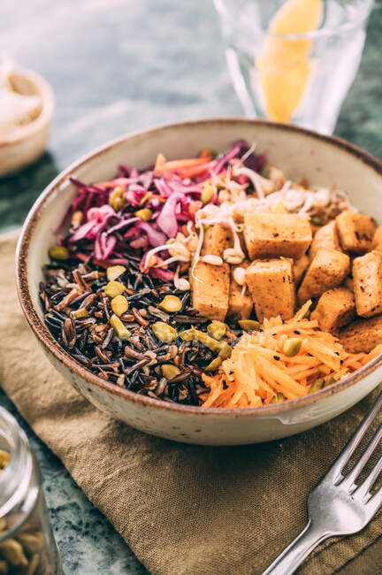 Budda bowl with black rice salad, red cabbage salad, carrot, fried tofu and sprouts and chopped pistachios — Stock Photo