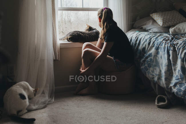 Girl and cat looking out a bedroom window on a spring morning — Stock Photo