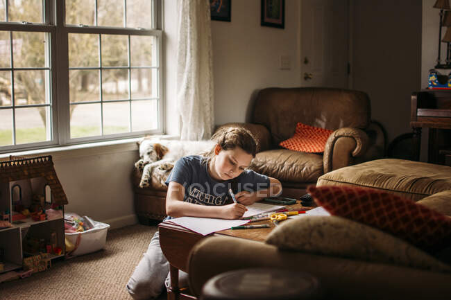 Mädchen bei der Hausaufgabenbetreuung im Wohnzimmer, Hund schläft im Hintergrund — Stockfoto