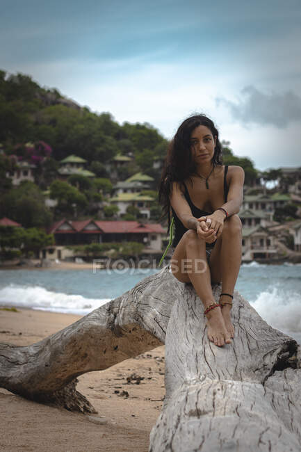 Una giovane donna che guarda la macchina fotografica sopra un tronco in spiaggia — Foto stock