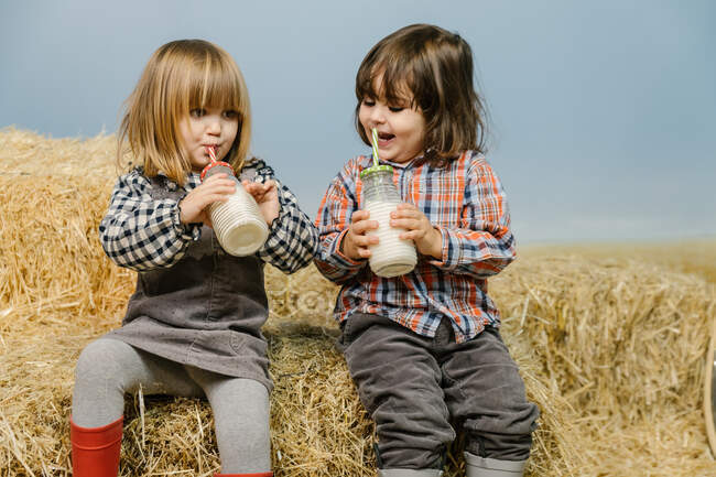 Cute little girls on a haystack with milk — Stock Photo