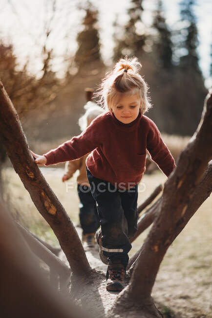 Jeune enfant grimpant en rondins dans la forêt par une journée ensoleillée d'hiver — Photo de stock