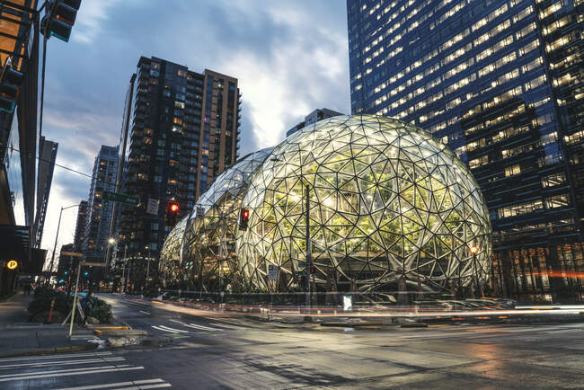 Amazon Spheres At Dusk With Light Trails — Stock Photo