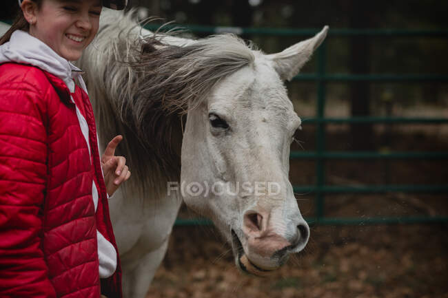 Teen ragazza ridendo del suo cavallo bianco starnutisce — Foto stock