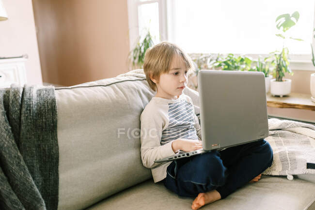 Маленький мальчик делает удаленное школьное задание на ноутбуке в своей гостиной — стоковое фото