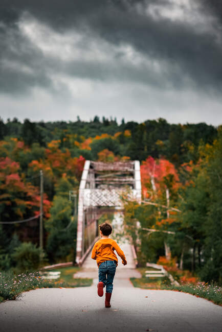 Ragazzo che corre verso un ponte nella linea degli alberi durante la stagione autunnale — Foto stock