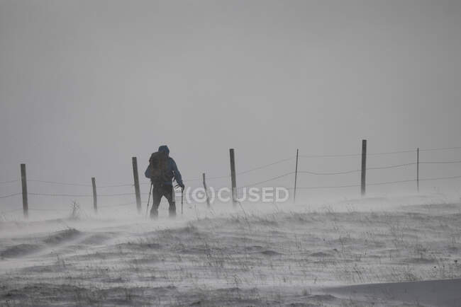 Um homem no campo da neve nas montanhas — Fotografia de Stock