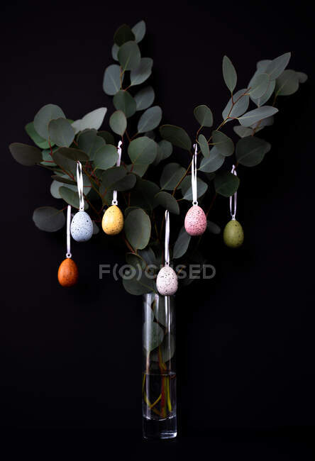 Branches d'eucalyptus décorées avec des œufs colorés dans un vase sur noir — Photo de stock
