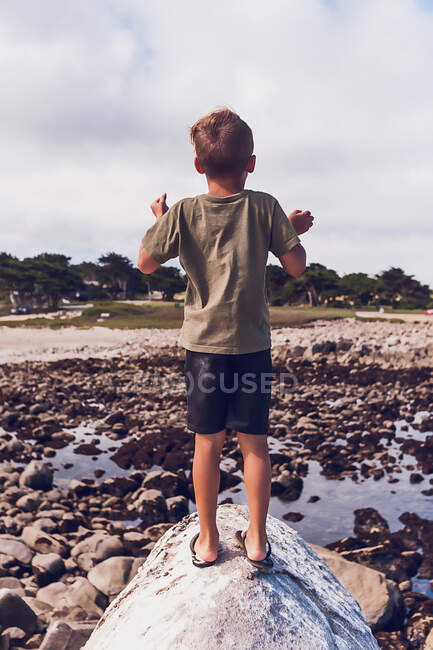 Junge auf dem Gipfel oder ein Felsen am Meer - zurück zur Kamera. — Stockfoto