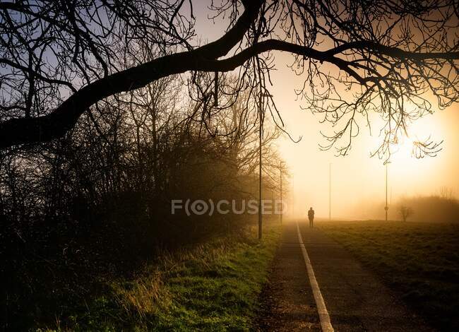 Mulher silhueta caminhando correndo em um amanhecer nebuloso na Inglaterra — Fotografia de Stock
