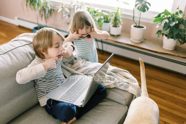 Двоє маленьких дітей за ноутбуком у вітальні під час відео дзвінків онлайн — стокове фото