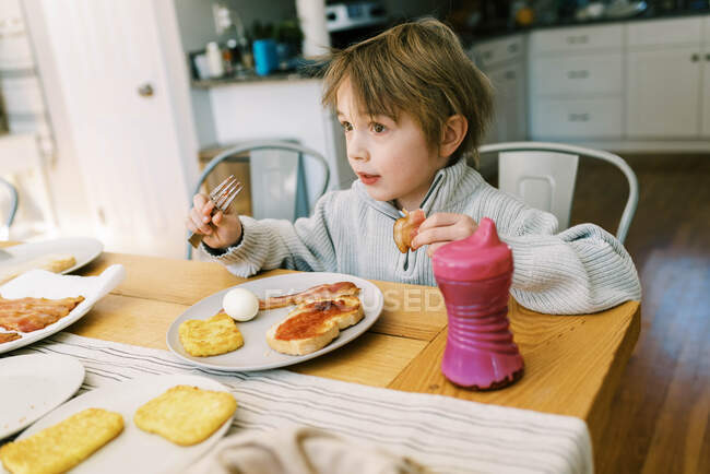 Uma família tomando café da manhã juntos na mesa de jantar em sua casa — Fotografia de Stock