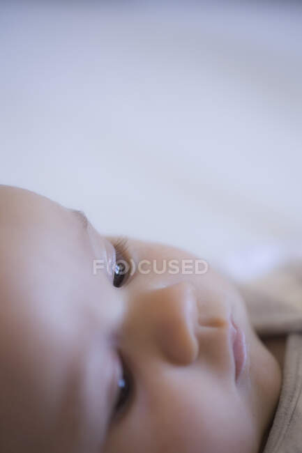 Un retrato de cerca de la cara de un bebé sobre un fondo liso - foto de stock