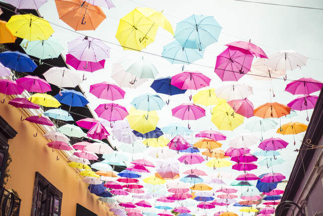 Instalación artística colorida de paraguas - foto de stock
