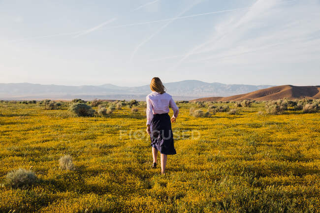 Молода жінка в полі з квітами позує — стокове фото