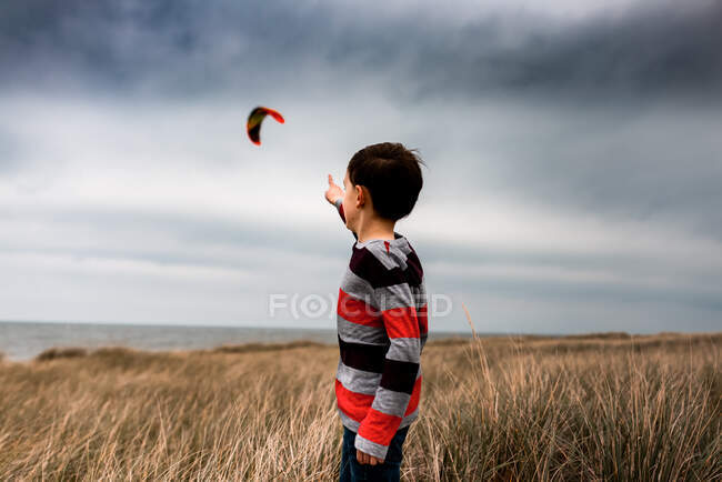 Garçon pointant vers cerf-volant surfer dans les nuages sur une plage dans le lac Michigan — Photo de stock