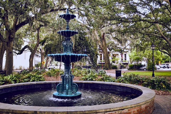Fuente en plaza pública con sauces en el fondo, Savannah, Georgia, USA, 2019 - foto de stock