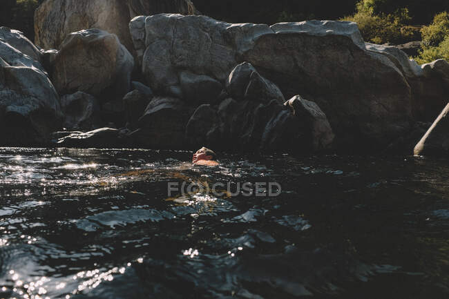 Junge schwimmt im kalifornischen Schwimmloch mit dem Gesicht zur Sonne — Stockfoto