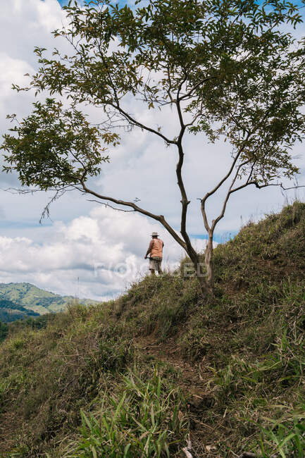 Stock photo of a farmer looking around in the mountain — Stock Photo