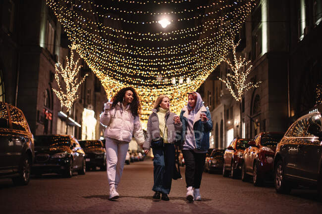 Женщины-друзья разговаривают, гуляя по дороге в городе ночью зимой — стоковое фото