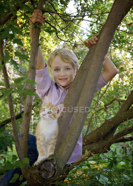 Piccolo ragazzo biondo su un albero con un gattino in campagna. — Foto stock