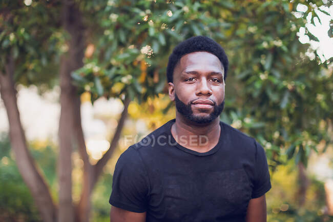 A young african american male standing alone in the park — Stock Photo
