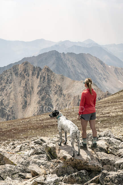 Vista trasera del excursionista femenino con perro en la montaña contra el cielo durante las vacaciones - foto de stock