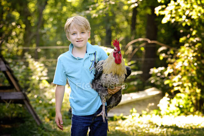 Bonito menino loiro segurando um galo na fazenda. — Fotografia de Stock