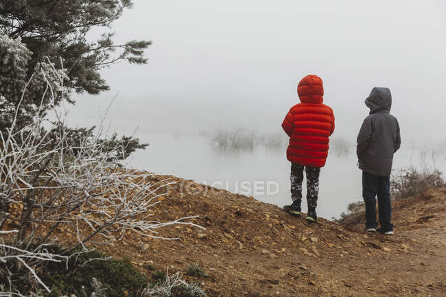 Rear view of two brothers looking at a frozen lake on a foggy day — Stock Photo