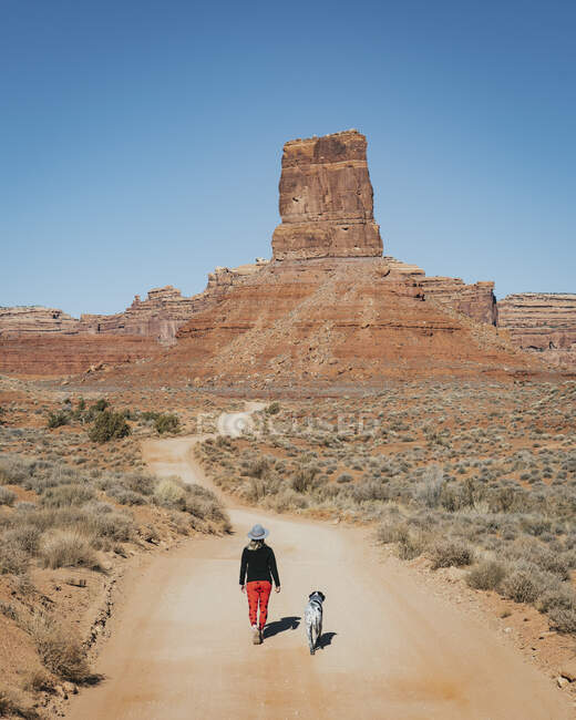 Rear view of woman walking with dog on dirt road leading towards sandstone formations against clear sky — Stock Photo