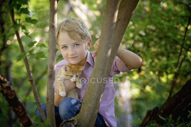 Menino loiro em uma árvore com um gatinho no campo. — Fotografia de Stock