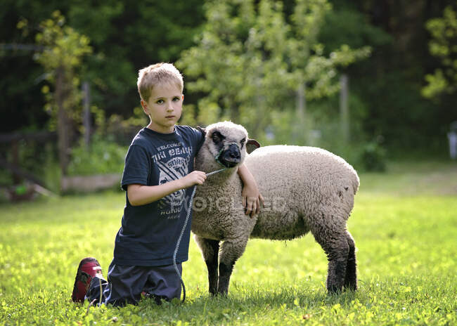 Petit garçon blond avec son bras autour d'un agneau à la campagne — Photo de stock