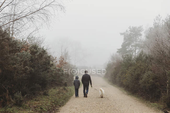 Rear view of father and son walking dog along gravel path in fog — Stock Photo