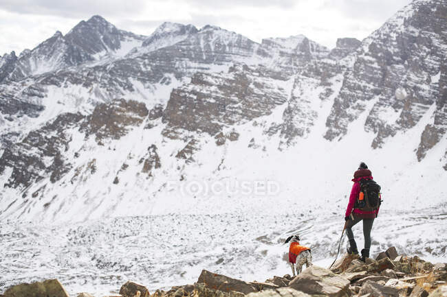 Femme randonnée avec chien pendant les vacances — Photo de stock