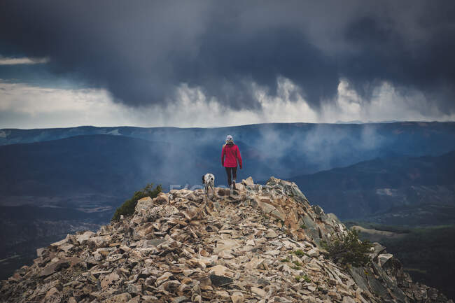 Visão traseira da mulher com cão no pico da montanha enquanto caminhadas n férias — Fotografia de Stock