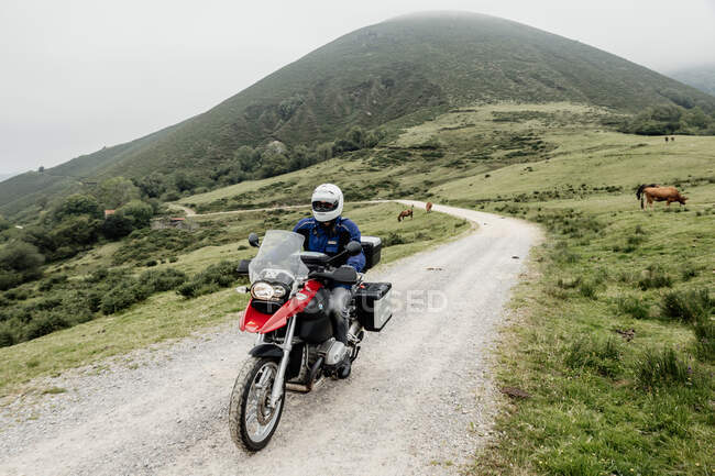 Biker man riding motorcycle in a mountain road — Stock Photo