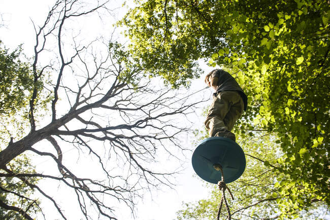 Хлопчик стоїть на гойдалці високо в деревах . — стокове фото