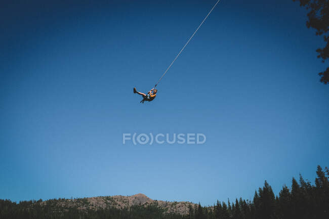 Boy on Rope Swing Files Alto contra el brillante cielo azul - foto de stock
