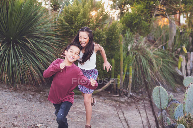 Hermana y hermano corriendo en un jardín de cactus. - foto de stock